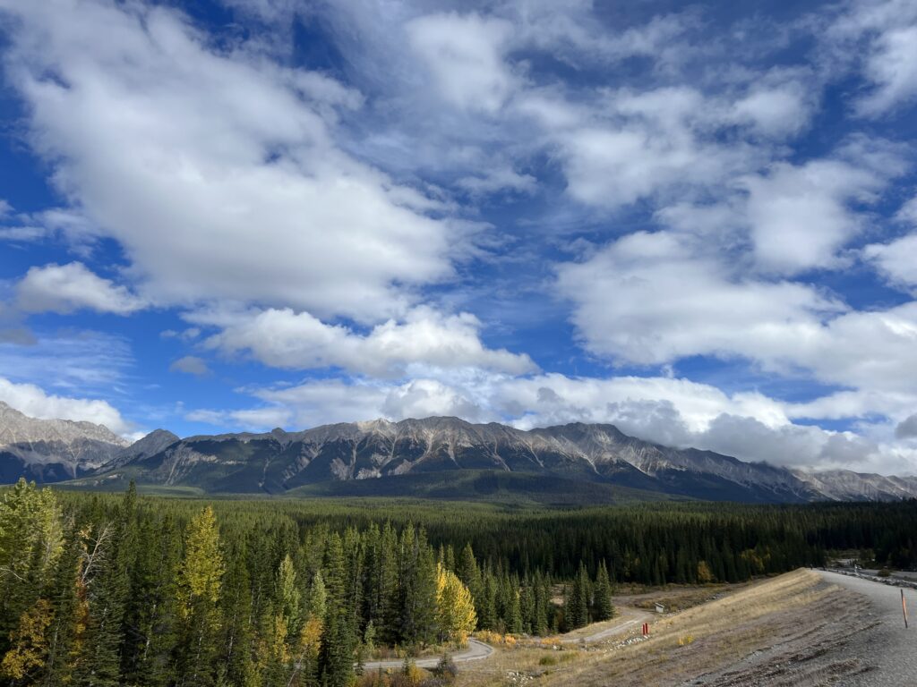 Expansive mountain range under a vibrant blue sky with scattered white clouds along Lower Kananaskis Lake shoreline in Kananaskis, Alberta. Dense evergreen forest covers the foreground, evoking tranquility.