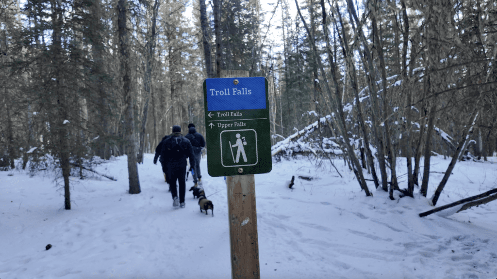 A sign showing the diverging path which turn left to Troll Falls Kananaskis and turn right to Upper Falls Kananaskis