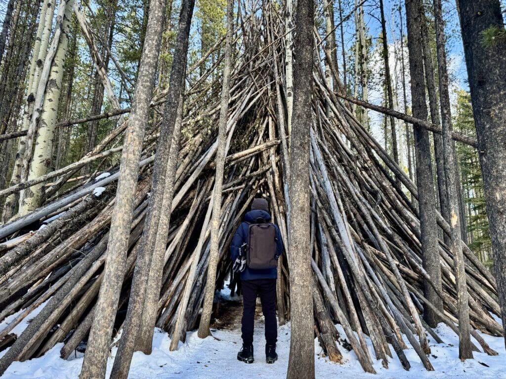 A camp-like structure built with woods along the way to Troll Falls Kananaskis