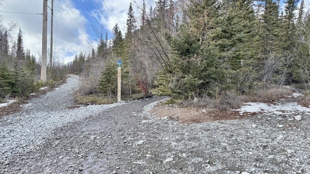 A sign showing right side narrower path is heading to Grotto Creek Canyon in Kananaskis