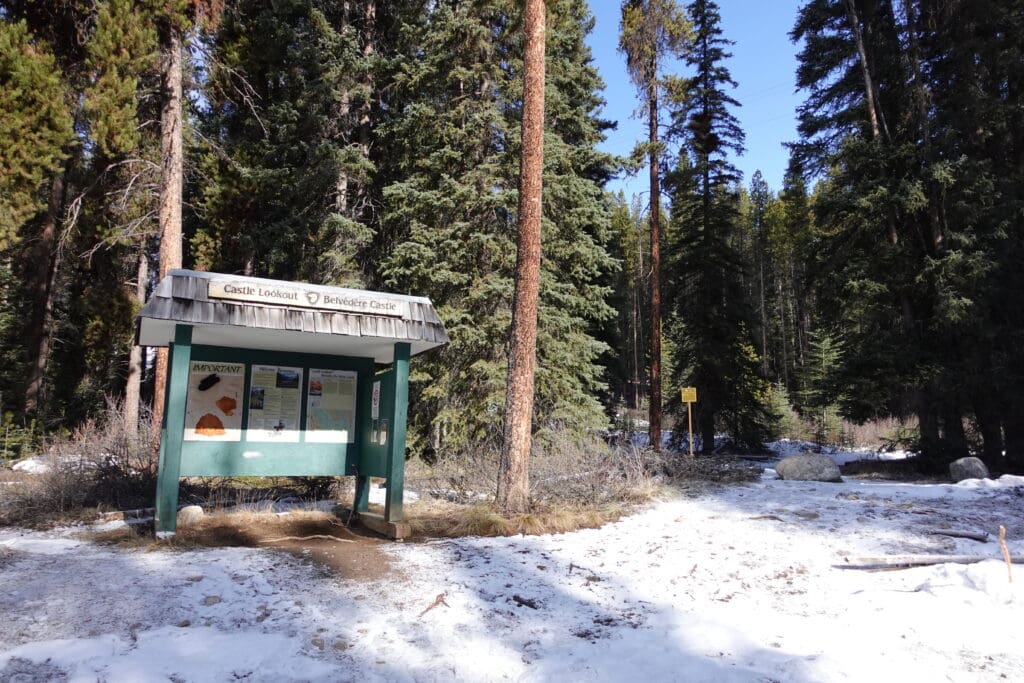 Castle Lookout Trailhead in Banff National Park, featuring an information kiosk with maps and safety notices surrounded by snow-covered ground and dense evergreen forest under clear blue skies.