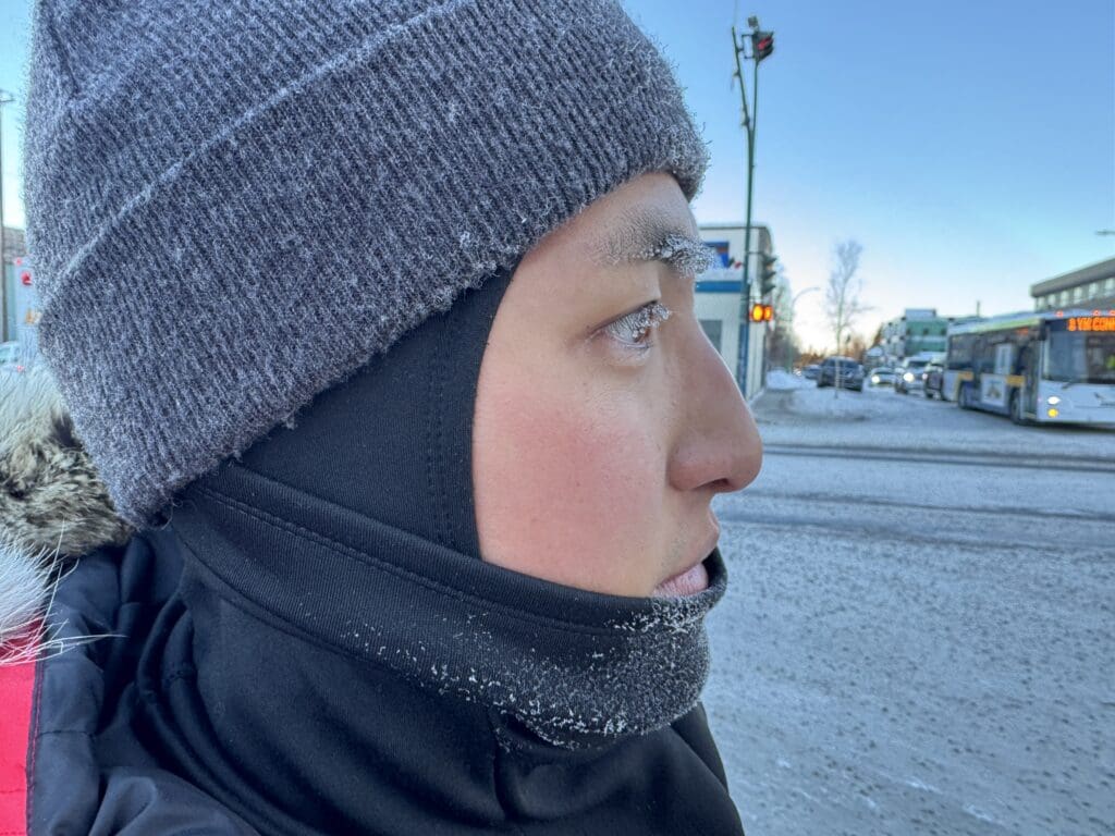 Extreme cold weather in Yellowknife that Evan got frozen eyelashes and frozen eyebrows