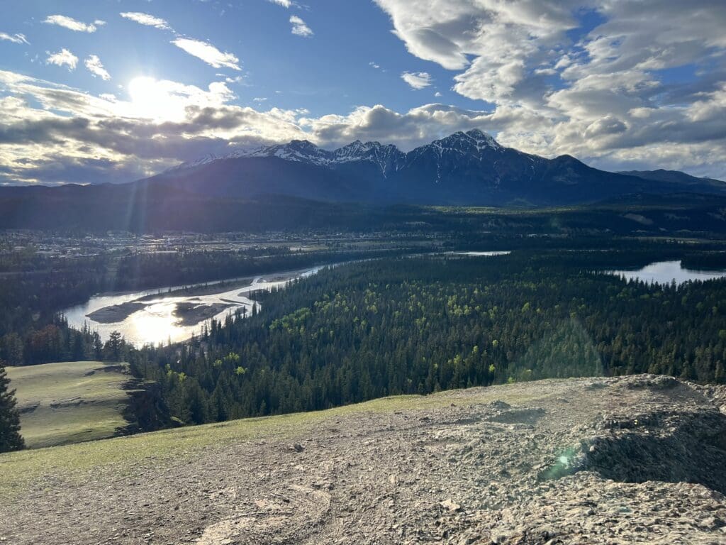 Scenic spot of Jasper Town and Athabasca River on the mountain Old Fort Point in Jasper National Park