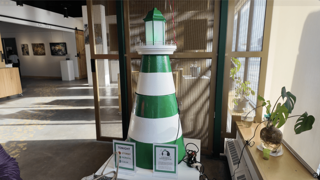 Light towner at Yellowknife Visitor Centre showing how strong aurora is that night