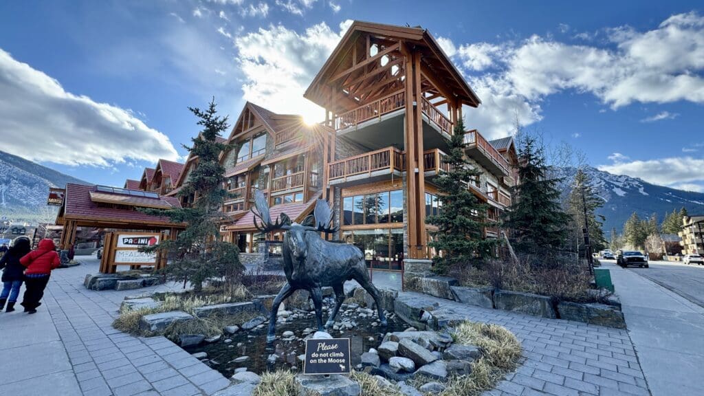 Moose Hotel & Suites is a wooden building with a moose statue at the corner of the hotel located at Banff Avenue in Banff Town
