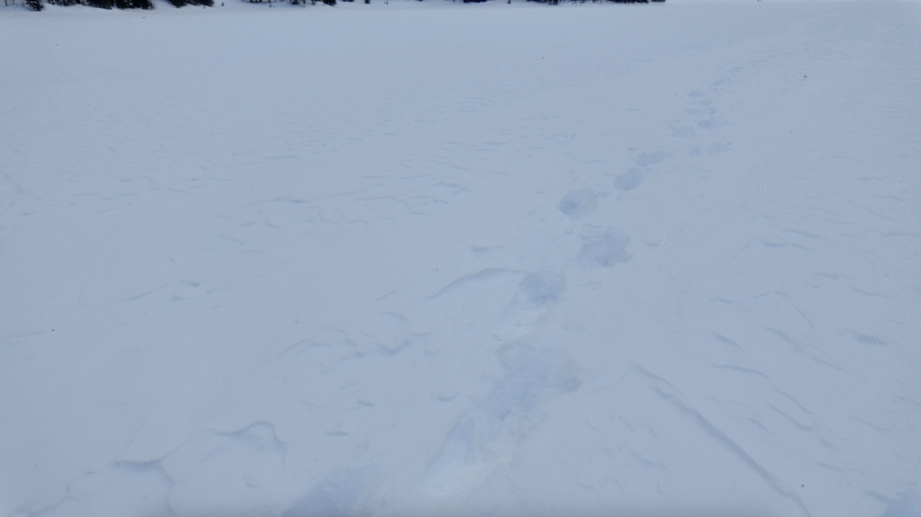 Previous hikers created footsteps on heavily snow-covered lake