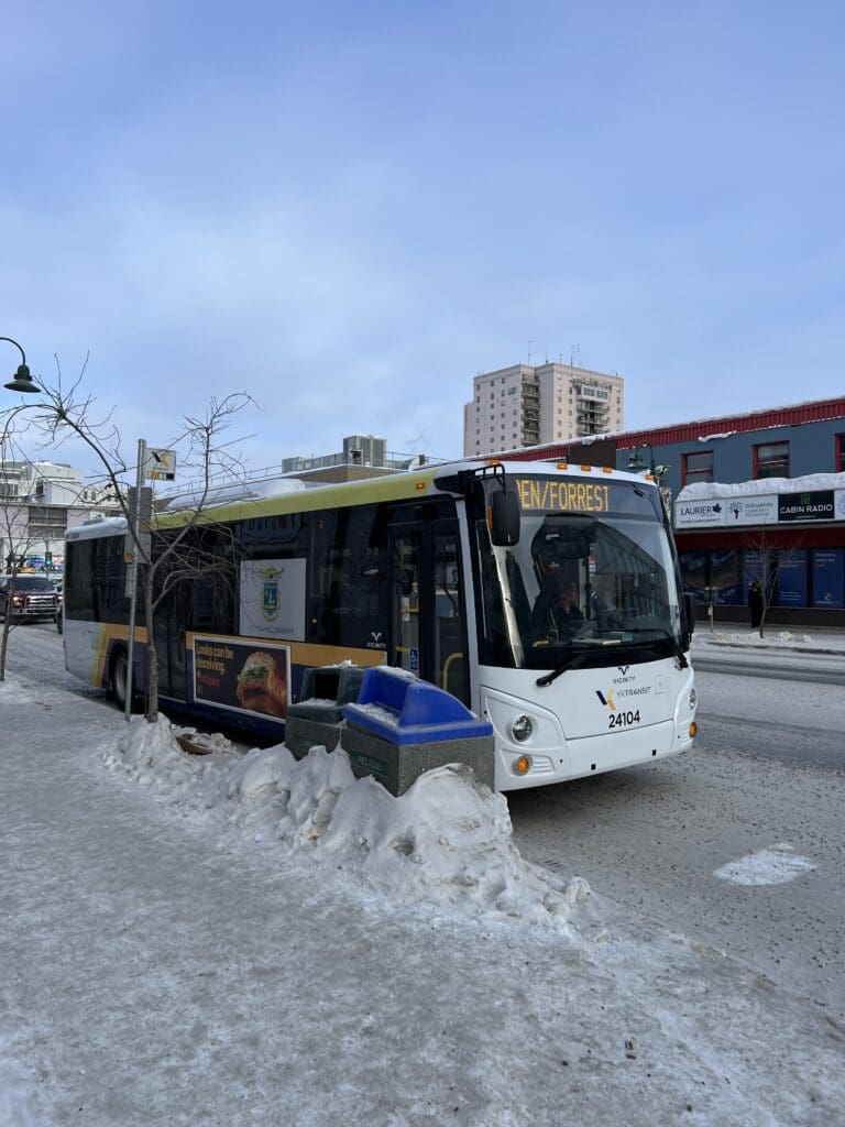 A public bus operating in Yellowknife Downtown