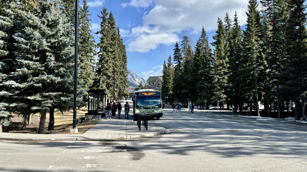 Roam Transit is a Banff transit system and is waiting at the Banff Springs Hotel bus stop