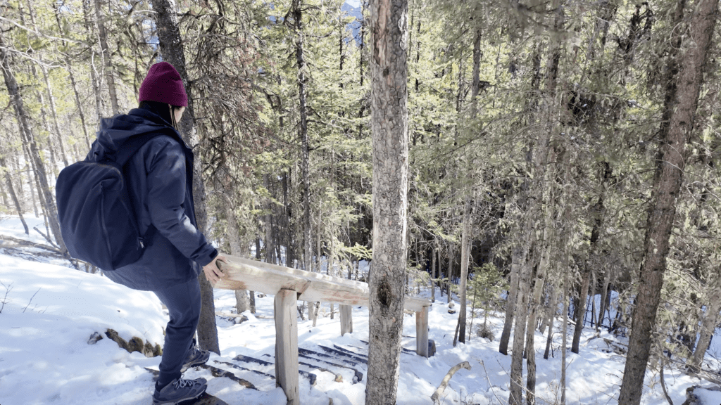 Walking down the stairs with handles from Upper Falls to Marmot Falls in Kananaskis