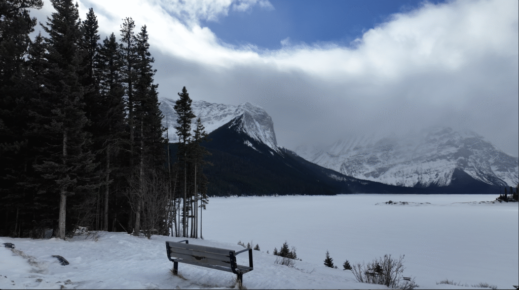 Upper Kananaskis Lake next to the parking area with a bench towards the lake and forest next to it