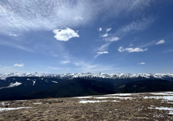 Panoramic view from Prairie Mountain summit in Kananaskis Alberta Canada showcasing snow capped peaks dense evergreen forests and wide open blue sky in the Canadian Rockies