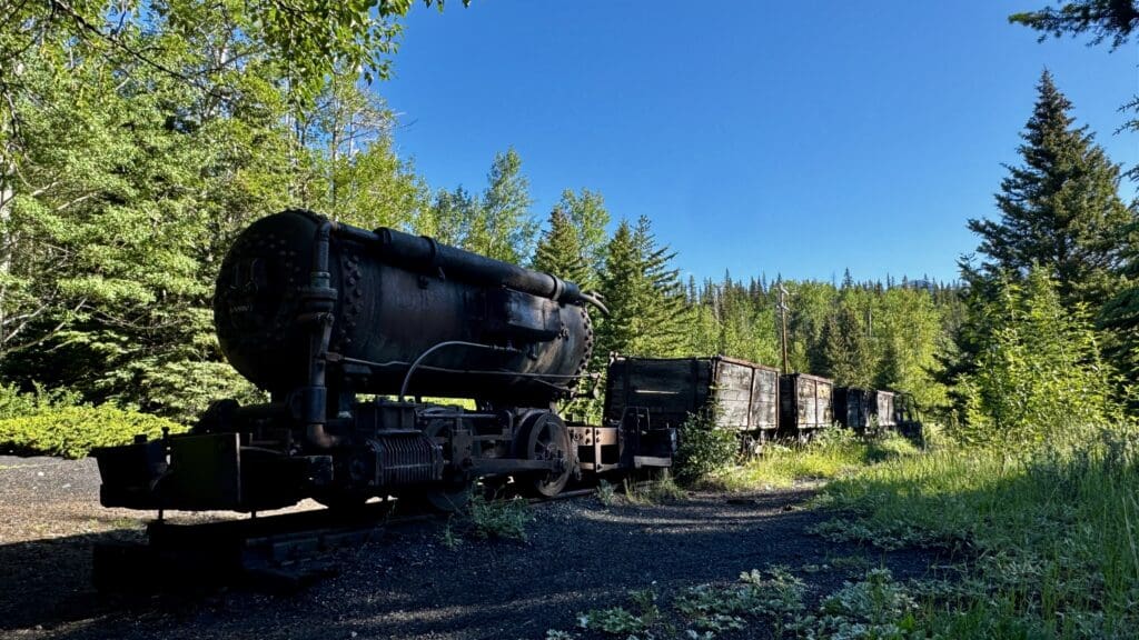 Old, rusted train cars at Bankhead Loop in Banff National Park, Alberta sit on tracks surrounded by lush green forest under a bright blue sky. The scene feels serene and abandoned.