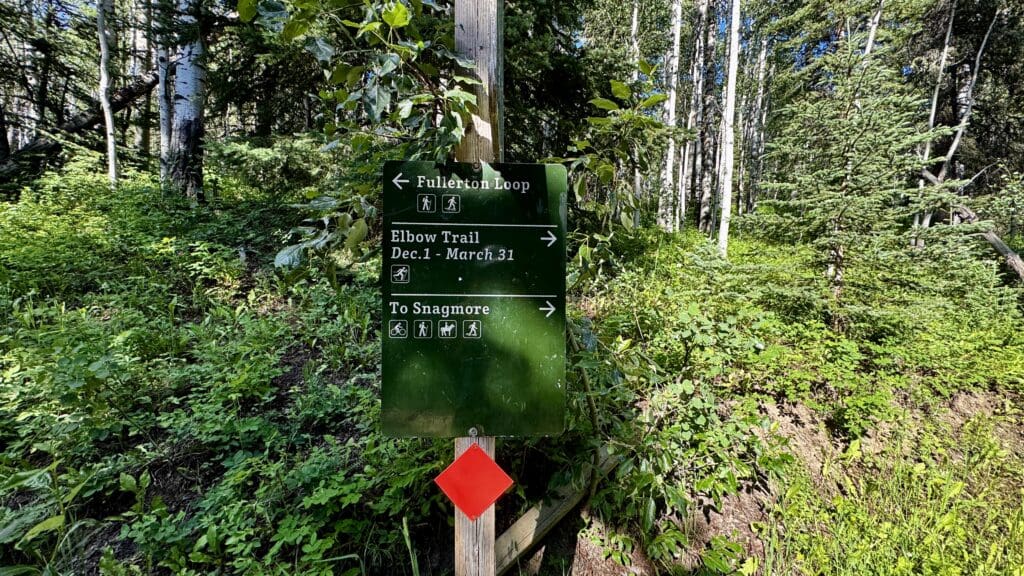 Trail sign in a lush forest showing directions to Fullerton Loop, Elbow Trail, and Snagmore in Kananaskis, Alberta. Green foliage and sunlight create a serene atmosphere.